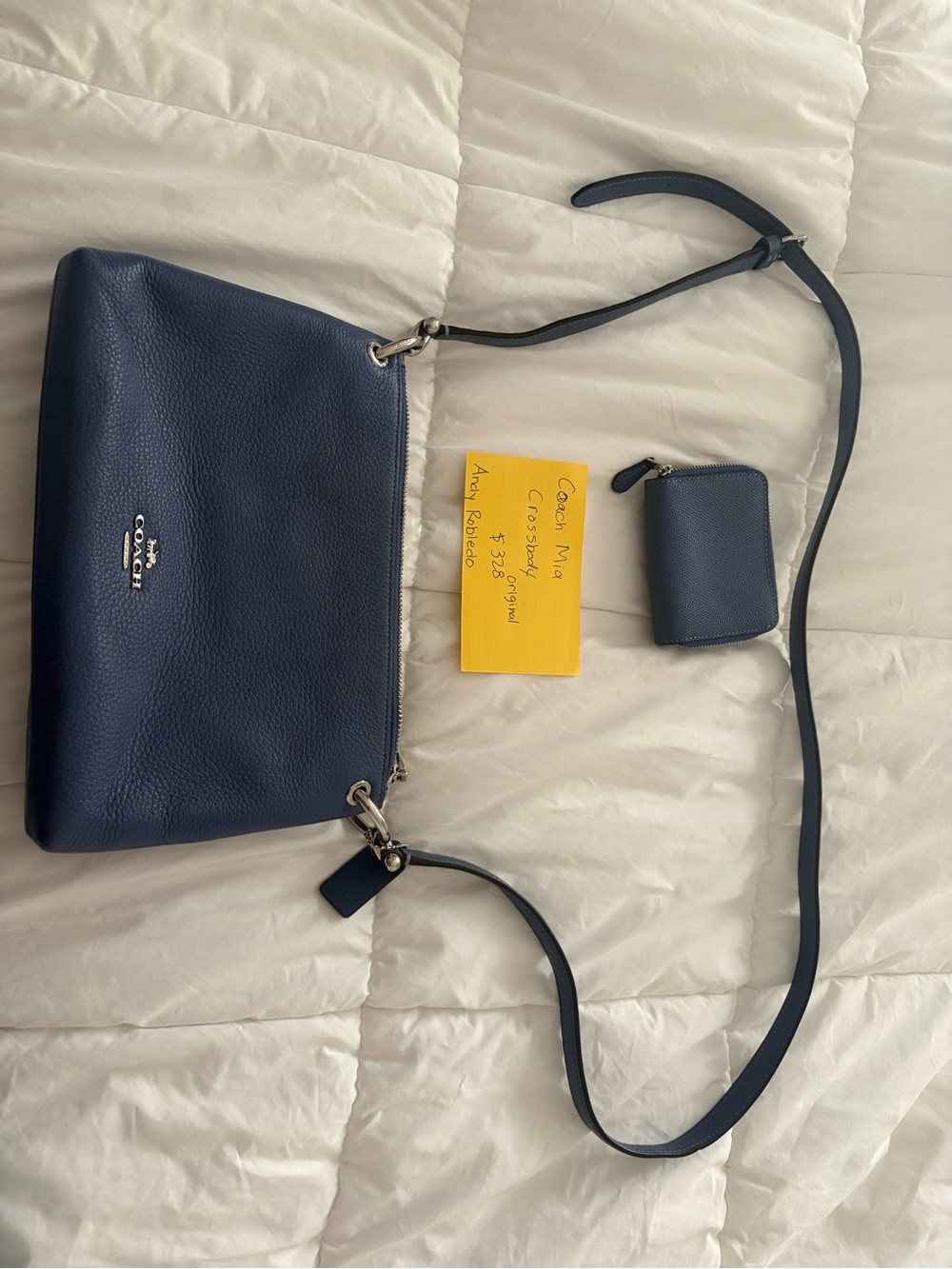 Coach Navy Pebbled Leather Crossbody with Coin Pouch(Coach Mia Crossover Bag)